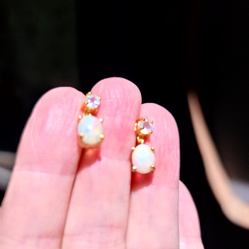 3k Opal & moonstone sterling &gold earrings - Picture 4 of 7